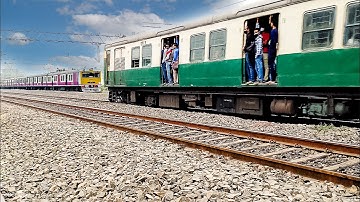 Green EMU emerges from behind the yellow EMU train | Hide & seek Parallel action & crossing scenario