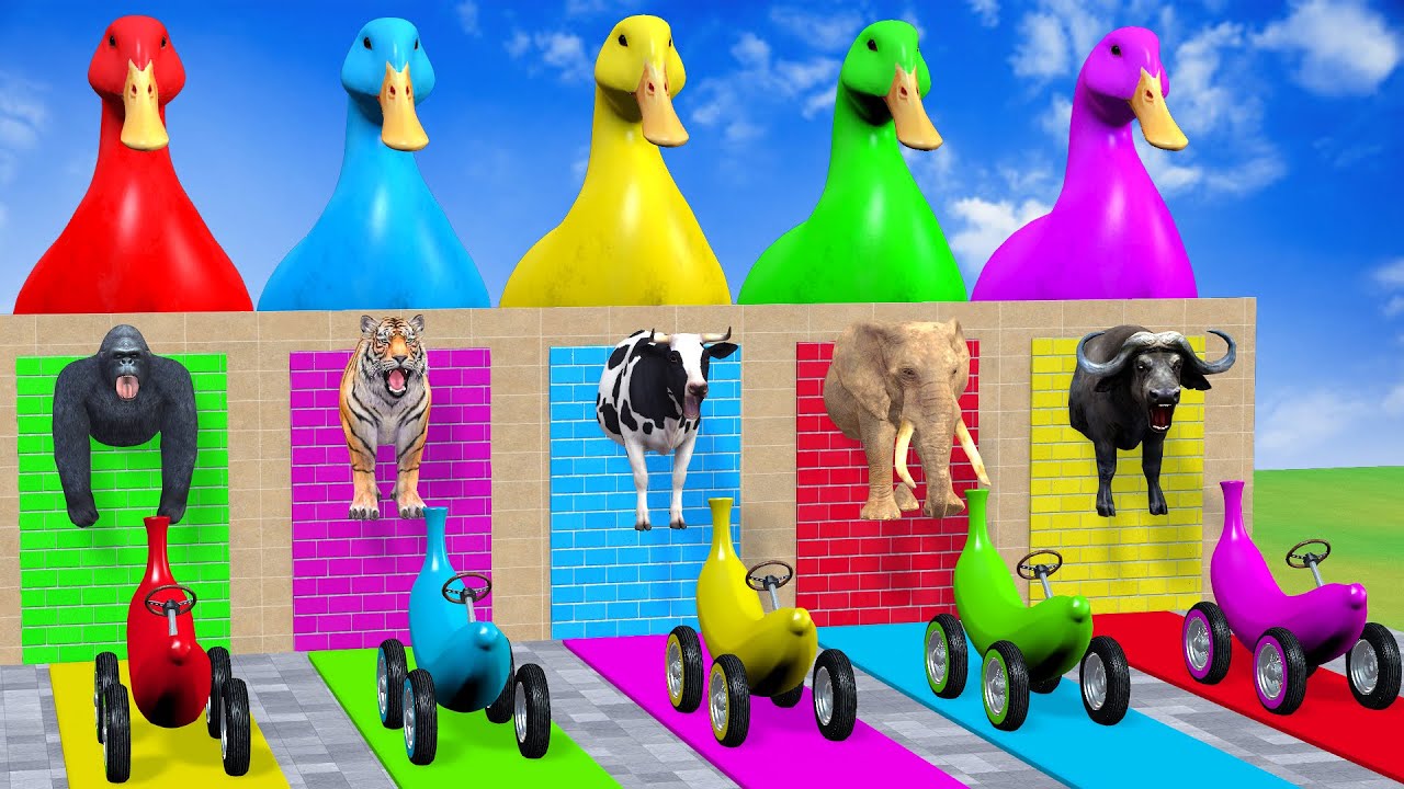 Long Slide Game With Cow Elephant Gorilla Hippopotamus Tiger - 3d Animal Game - Funny 3d Animals