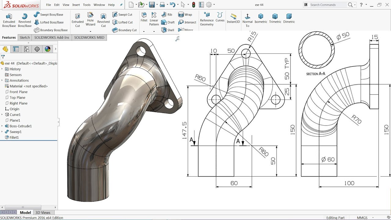 Solidworks Tutorial For Beginners Project Curve Exercise 44 Youtube Solidworks Tutorial Mechanical Engineering Design Solidworks