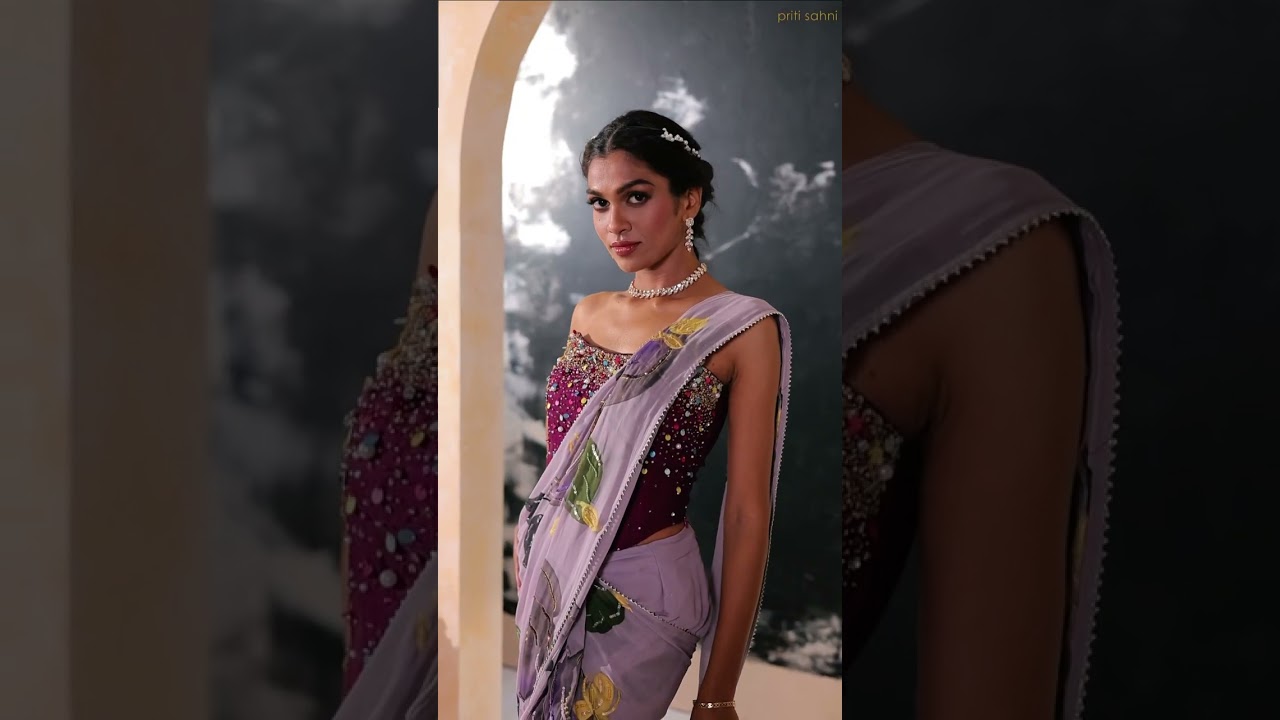 Floral handpainted pre-stitched saree with corset #indianfashion #corset #lehenga #saree