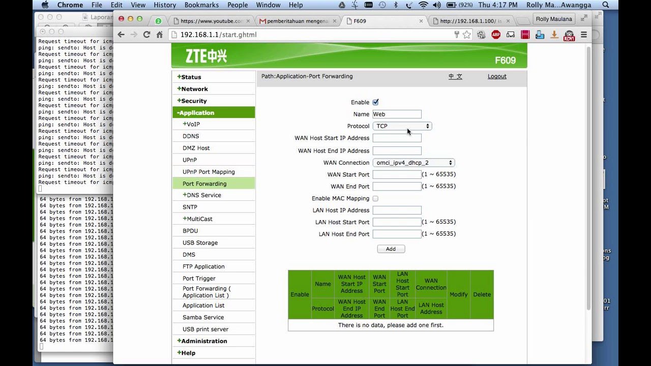  Setting Port Forwarding Modem Indihome ZTE F609 YouTube