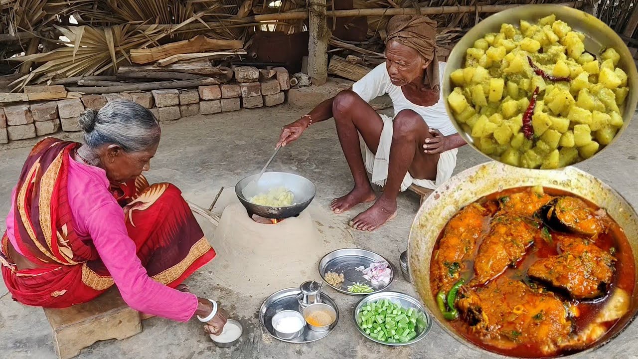 FISH CURRY And ALU POSTU TORKARI cooking by our santali tribe couple ...