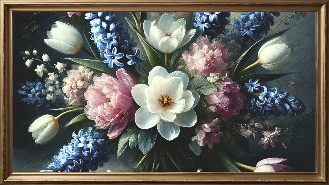 FRAMED TV ART WHITE TULIPS & BLUE HYACINTH SCREENSAVER  VINTAGE FLORAL PAINTING NO MUSIC 4K