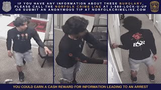 Norfolk police search for suspect in connection to burglary of 2 businesses