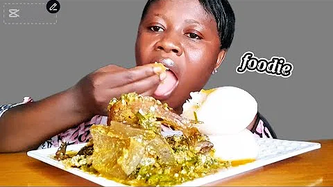 Mukbang,egushi okra soup with dryfish,cowskin and cassava fufu,asmr rainy day