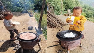 Rural life of little boy cook food with love