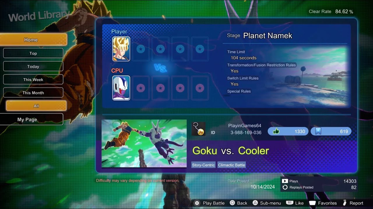 DRAGON BALL: Искры! Пользовательский бой ZERO, Мировая библиотека, Гоку против Кулера