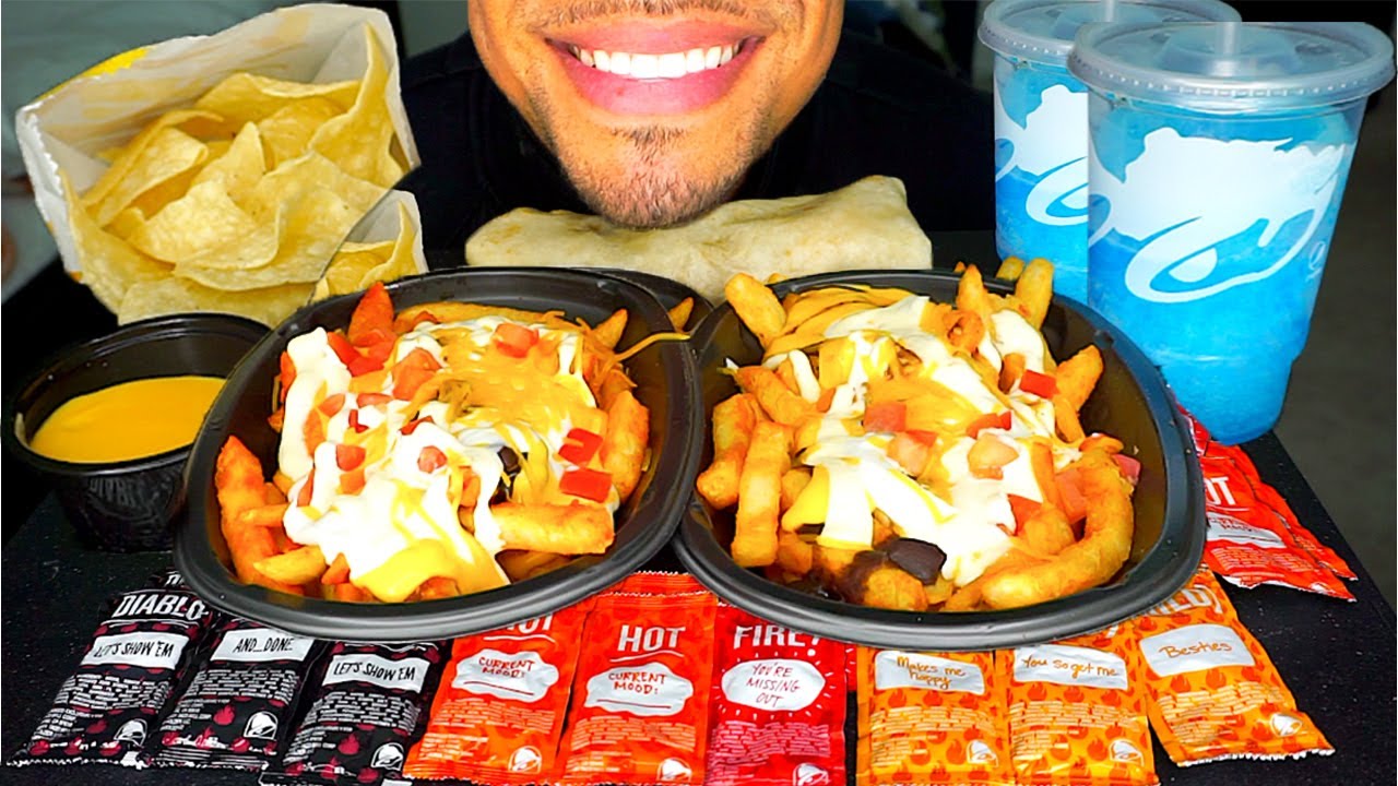 ASMR TACO BELL WHITE HOT RANCH FRY KAREN BURRITO $1 NACHO CHEESE MUKBANG EING SOUNDS REVIEW