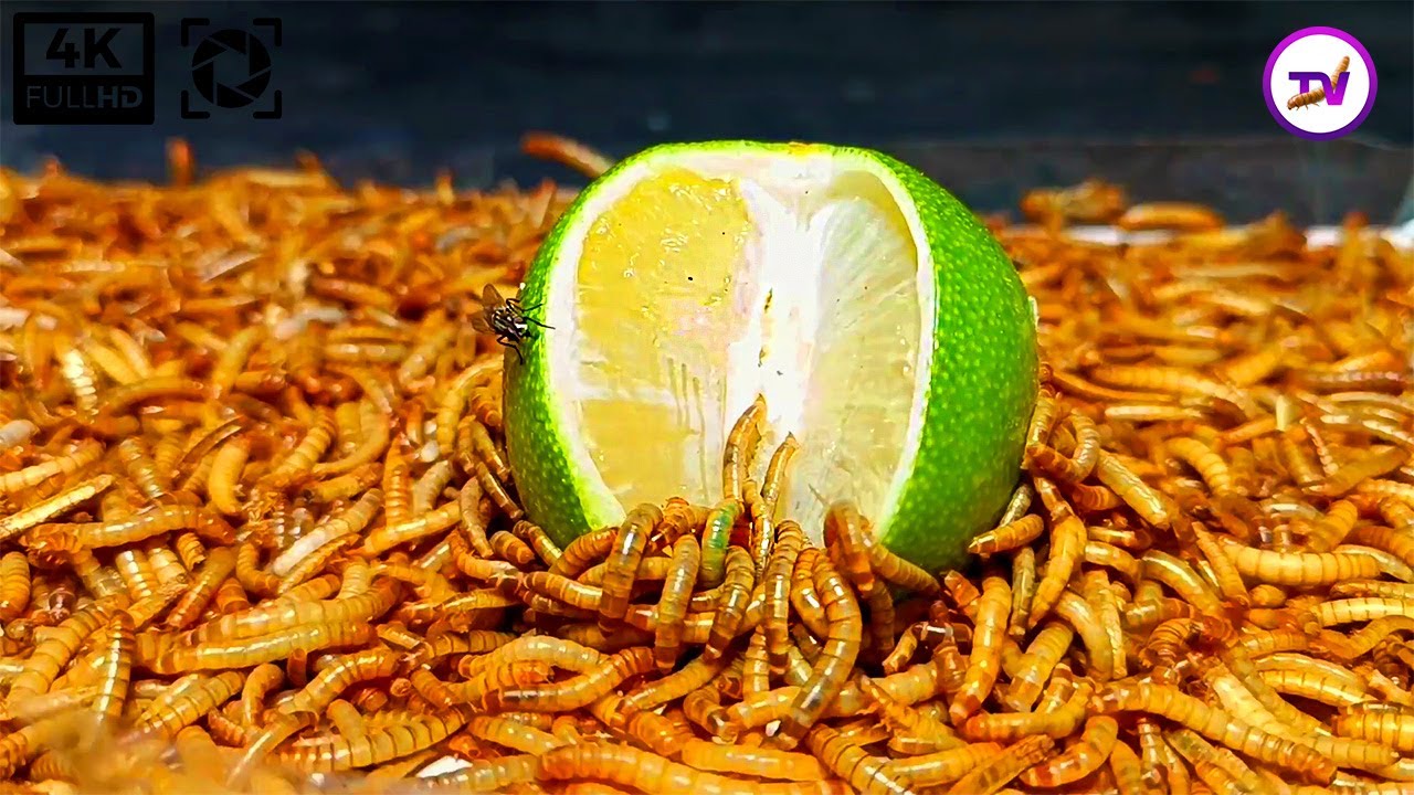 Mealworms Vs Lemon time lapse[4k]12000superworm eating amazing lemon