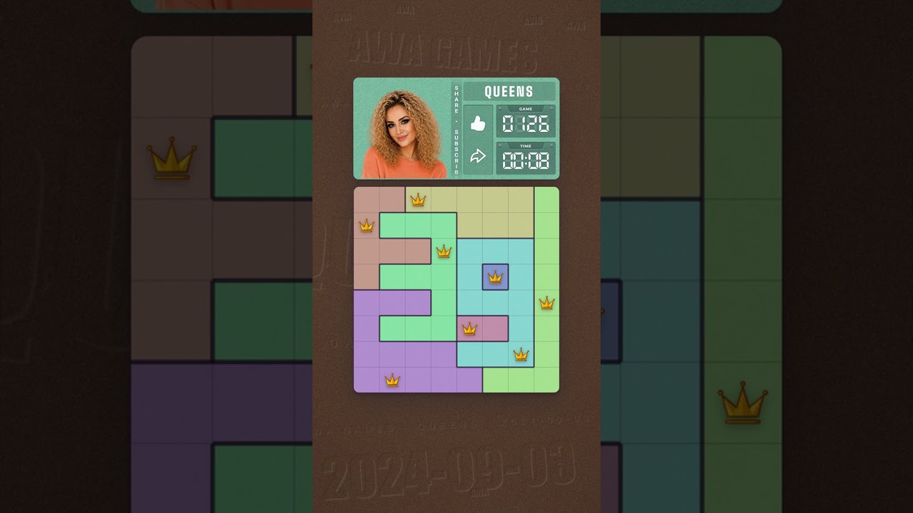 LinkedIn Queens #126 solved board for September 3, 2024, 8x8 grid