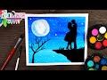 Cómo dibujar un PAISAJE PAREJA EN LA NOCHE con ACUARELA - Paso a paso