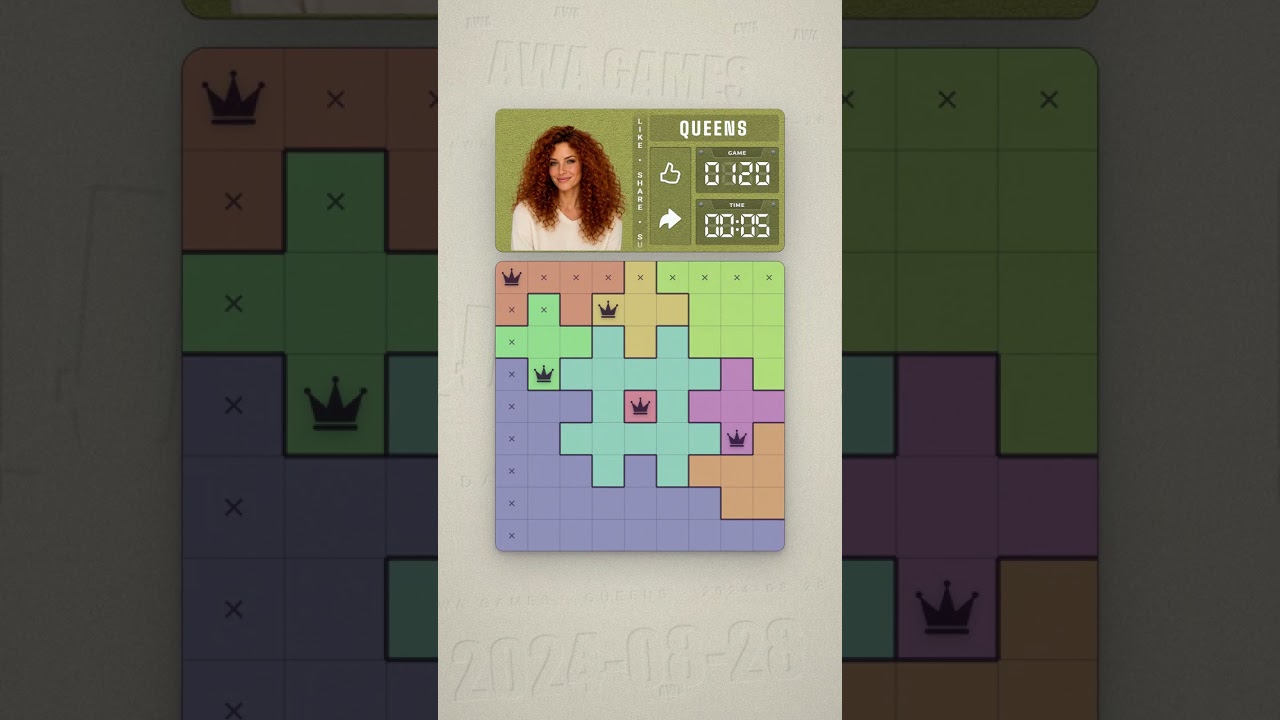 LinkedIn Queens #120 solved board for August 28, 2024, 9x9 grid