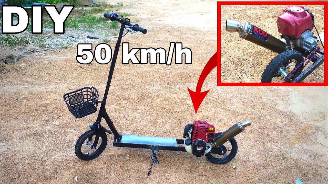 สร้างสกูตเตอร์ จากจักรยานเก่า เครื่องตัดหญ้า 4 จังหวะ 37cc  ความเร็ว 50 km/h ท่อกู่มหาชัย