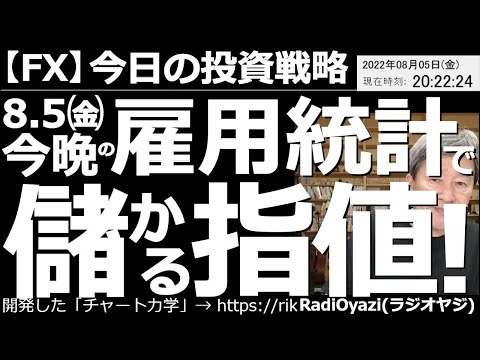 【為替(FX)－今日の投資戦略】８月５日(金)今晩の「雇用統計」で儲かる指値！　今晩９時半にアメリカ雇用統計が発表される。結果がどうあれ、相場が大きく動く可能性がある。雇用統計前後の動きに注意が必要。