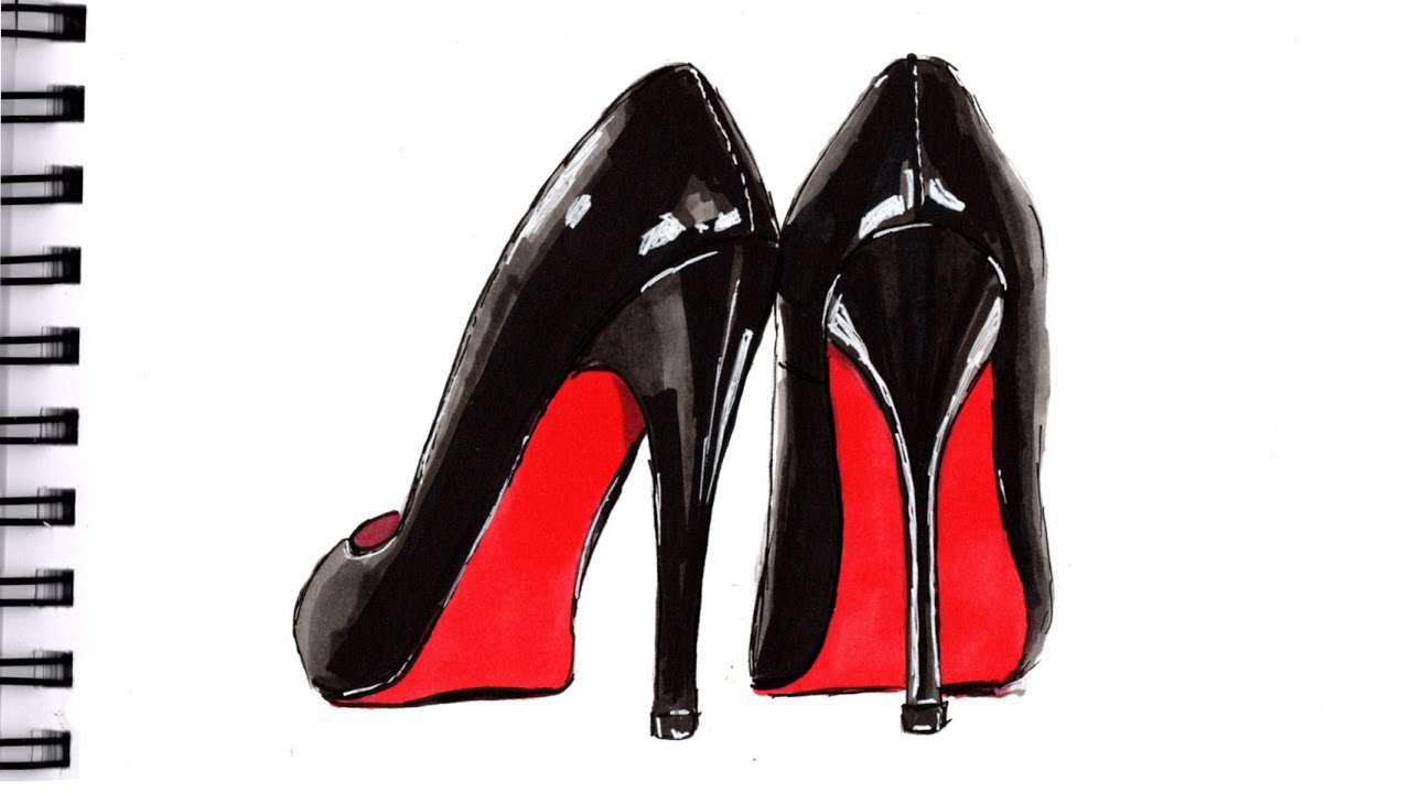 HOW TO DRAW BLACK HIGH HEELS WITH RED BOTTOMS Step by Step Drawing