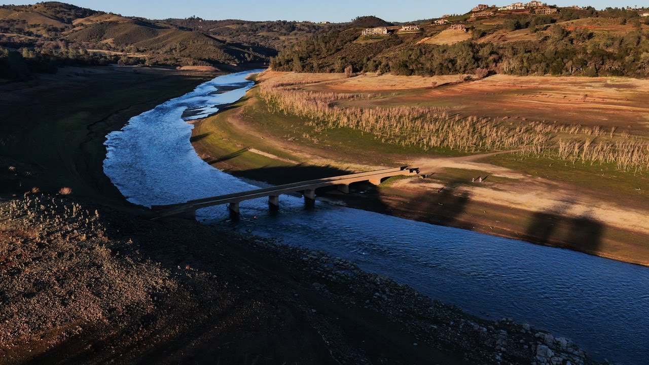 Drone video shows 'hidden bridge' at Folsom Lake, exposed due to low