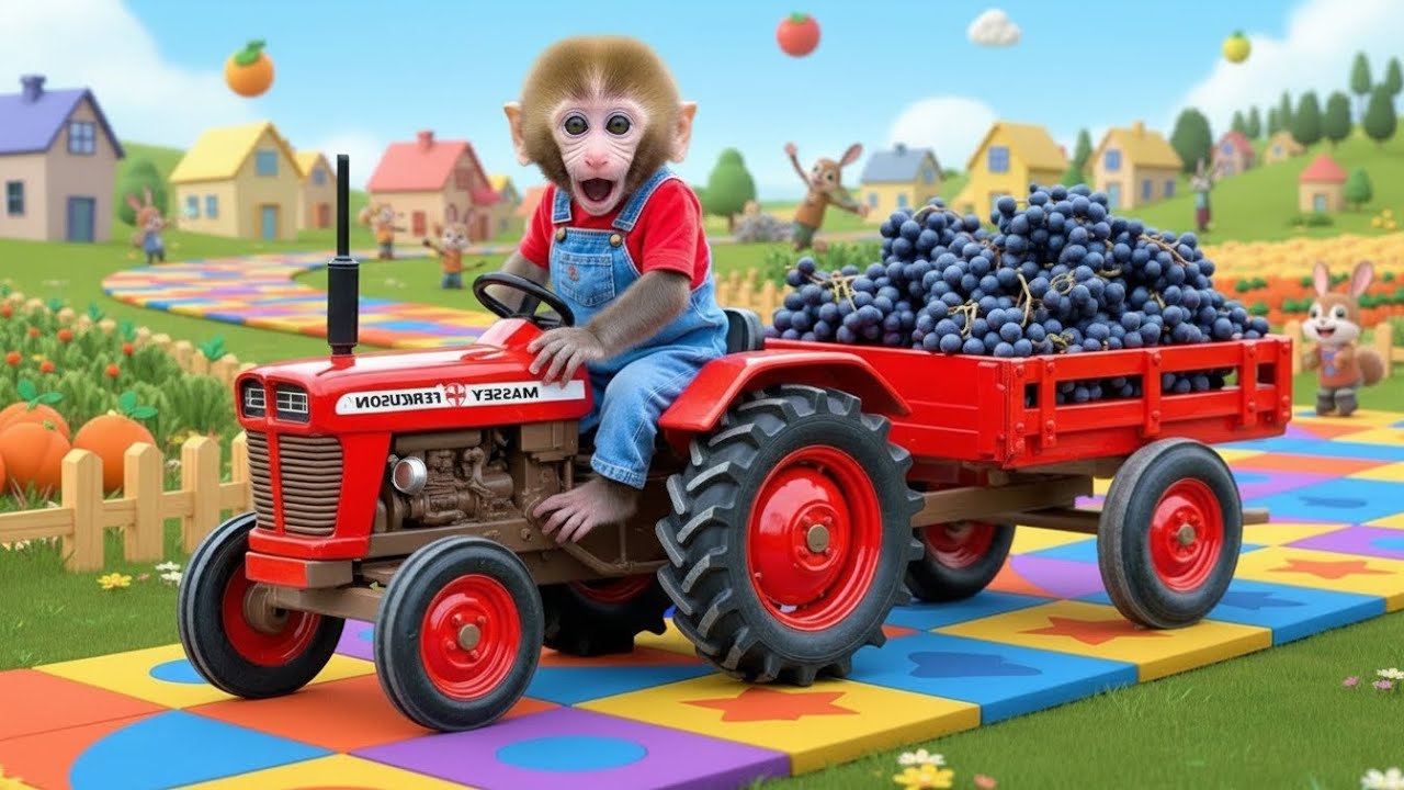 Monkey Nana Drives Tractor on Fun Shapes Harvesting  Happy Animal Village