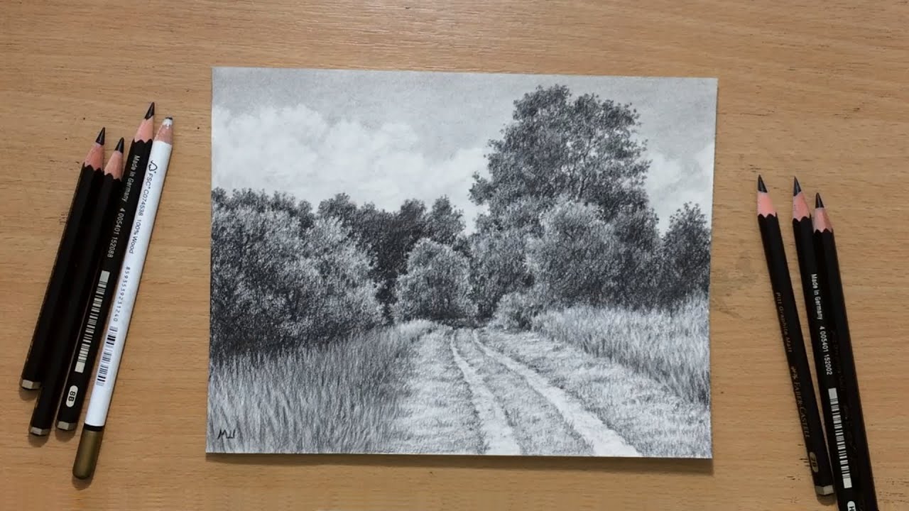 Landscape Drawing in Graphite Pencil Step by Step 