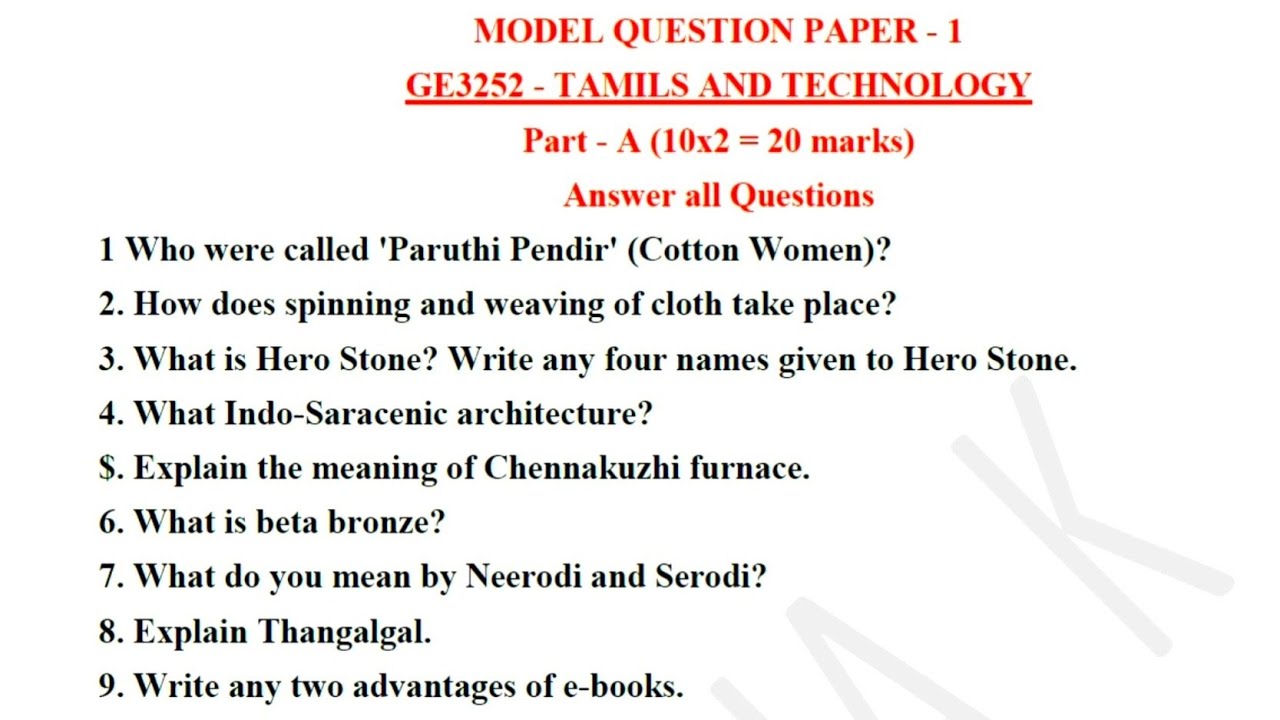 GE3252 Tamils and Technology Model Question Paper #r2021 # ...