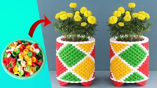 Recycle Plastic Bottle Caps To Make Beautiful Colorful Art Flower Pot