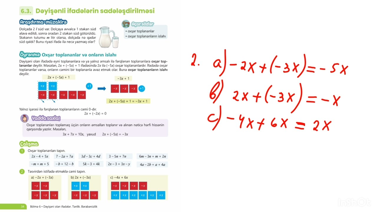 Riyaziyyat 6-ci sinif Dəyişənli ifadələrin sadələşdirilməsi səh 34-35