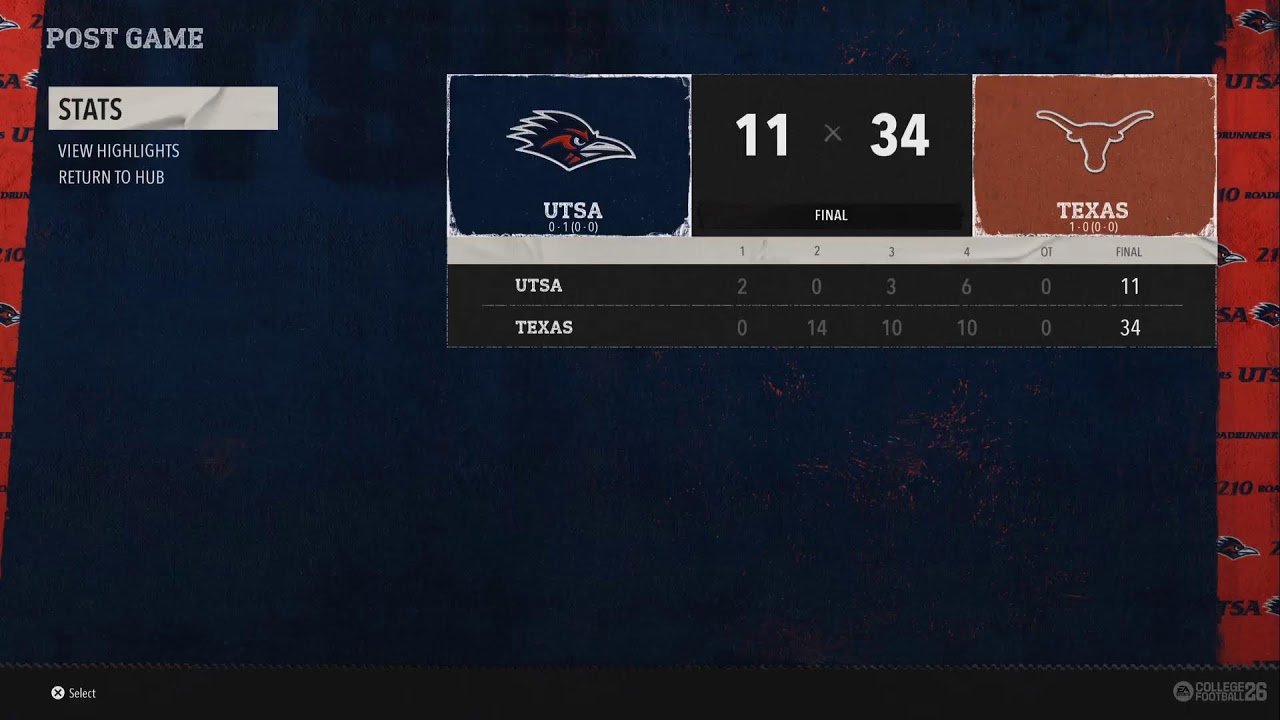 EA College Football 26 UTSA rebuild 2026 Week 0 UTSA @ Texas