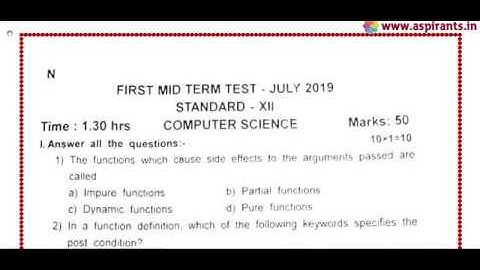 12th Computer Science First Mid Term Question Paper 2019-20 | Namakkal District | English Medium