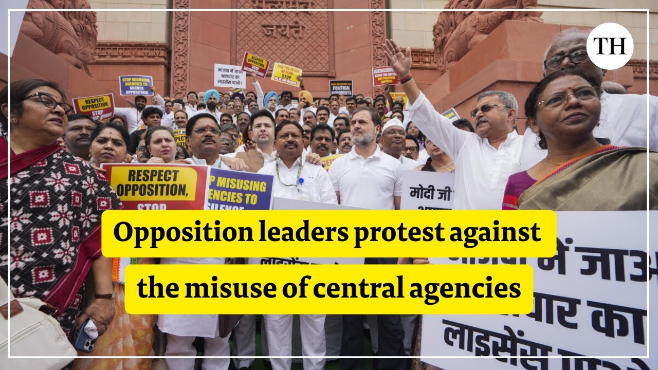 Opposition leaders protest against the misuse of ED, and CBI agencies, at the Parliament