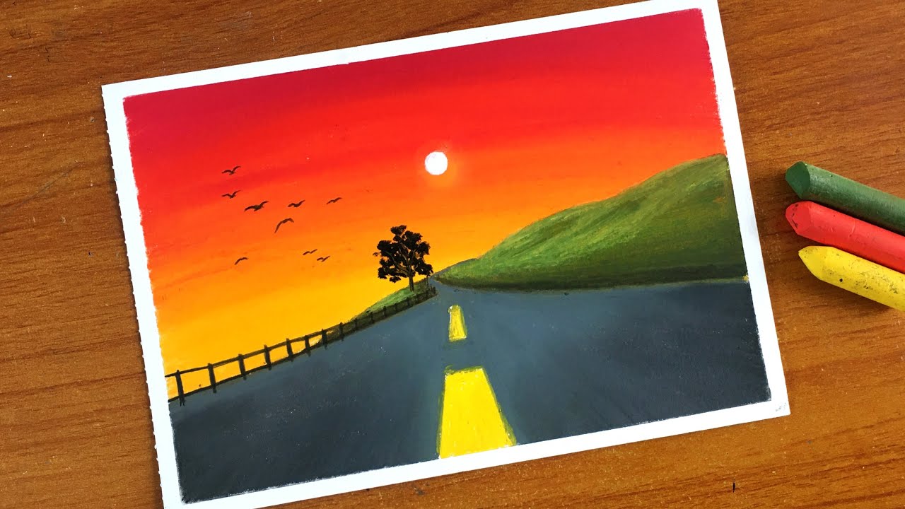Easy Oil Pastel Sunset Road Landscape Painting for beginners | Oil ...