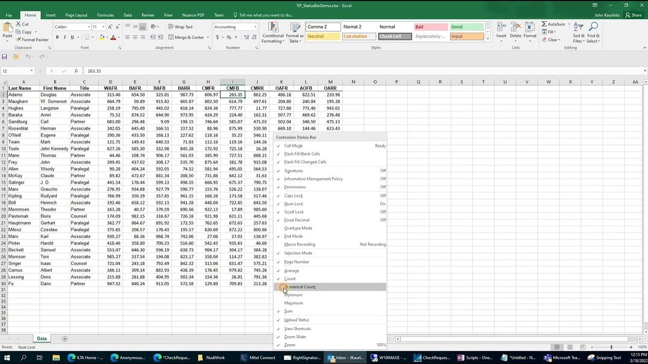 Excel Status Bar Quick Calculations YouTube