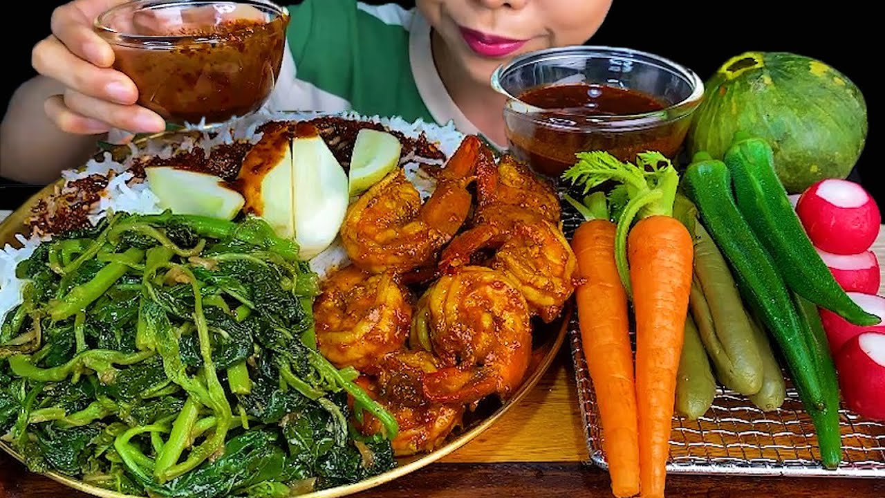 MUKBANG\\SPICY SHRIMP, SPICY FISH PASTE, STIR FRIED SPINACH & WHITE RICE