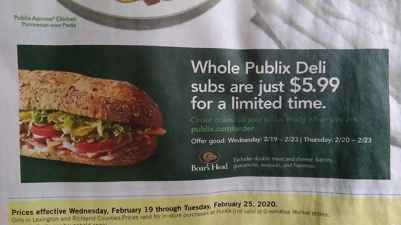 WHOLE PUBLIX SUBS 5 99 2 19 2 23 2020 LIMITED TIME YouTube