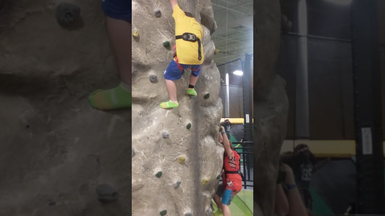 J&C climbing the rock wall, Rockin Jump YouTube