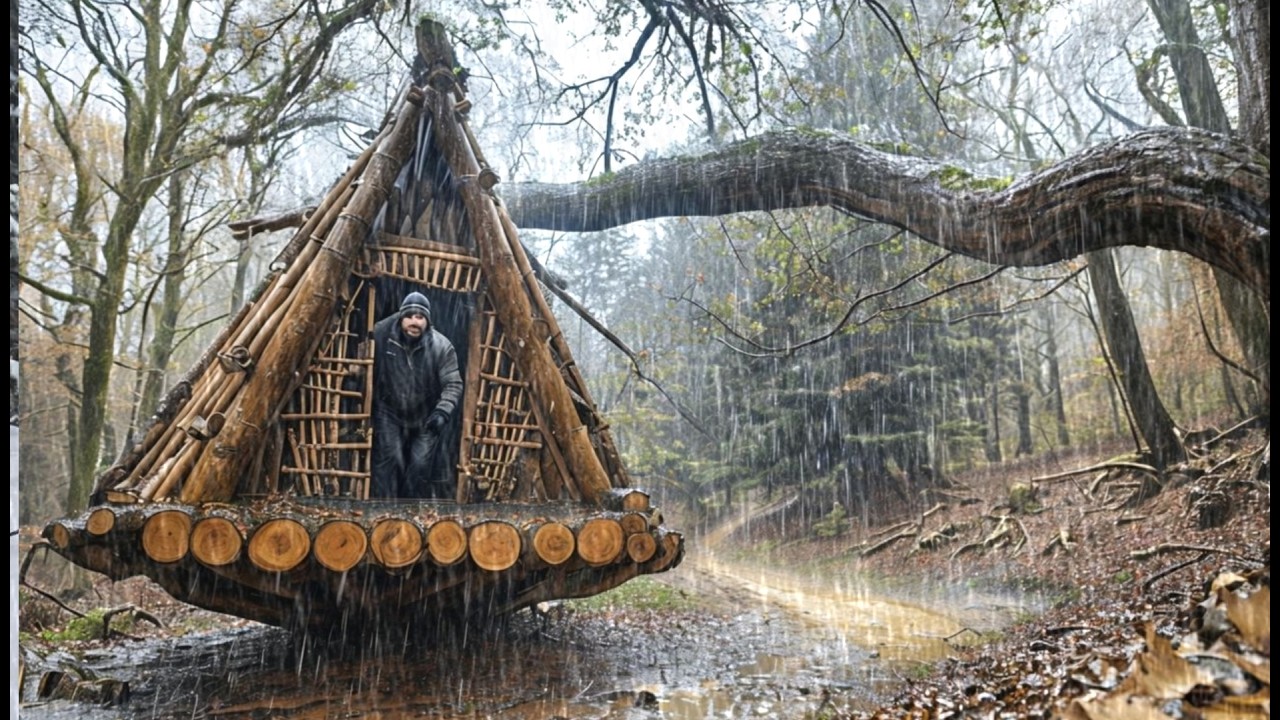 CAMPING IN HEAVY RAIN AND THUNDER // Struggling to build a warm shelter ...