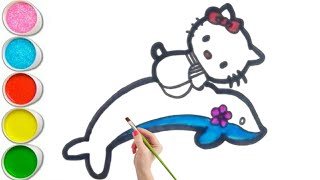 Draw so Cute Hello Kitty on the Dolphin easy step by step | Dolphin Drawing Easy