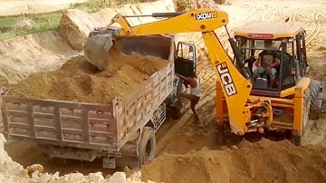 Yello JCB Backhoe Loading Soil in White Tata Tipper-JCB 3dx Machine Loading Dump Truck-Full Loading