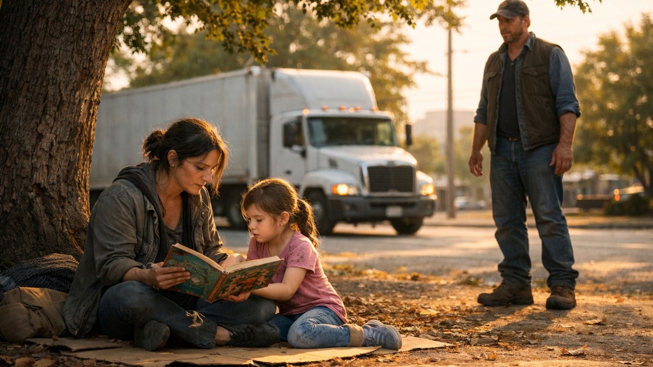 Caminhoneiro Vê Mãe Sem Teto Ensinando a Filha de 5 Anos… E Para Tudo