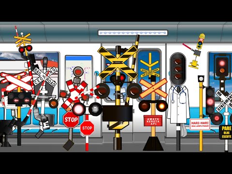 踏切アニメ　総集編　電車やエスカレーターに乗ったり、飛んだり悪さをするふみきりカンカンRailroad Crossing and train