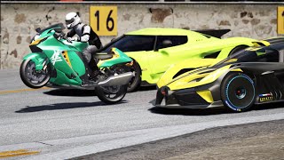 Suzuki Hayabusa vs Bugatti Bolide vsT vs Koenigsegg Jesko Absolut at Old Spa