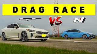 2022 Hyundai Elantra N DCT vs 2022 Kia Stinger GT, shocking result. Drag and Roll Race.