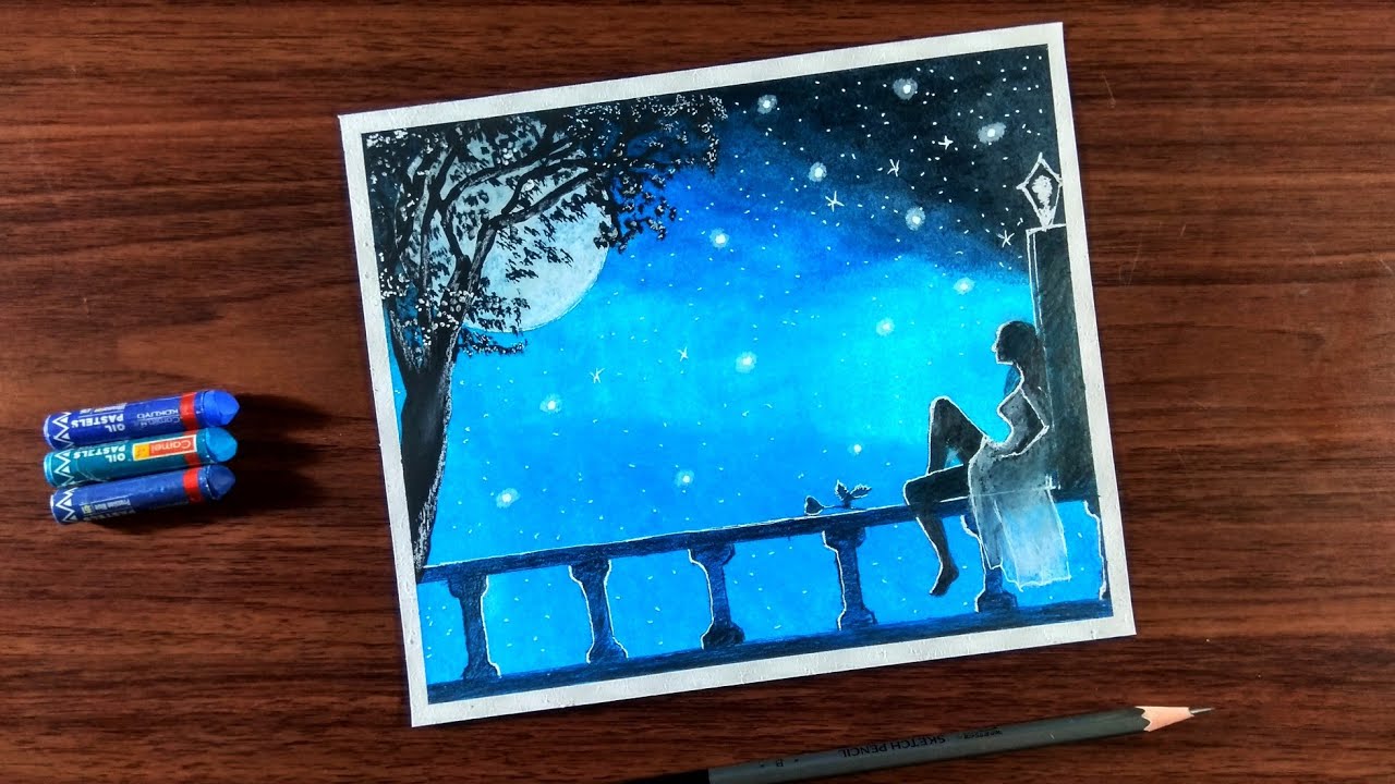 Romantic Moonlight Scenery/ Alone Girl/Oil pastels drawing for