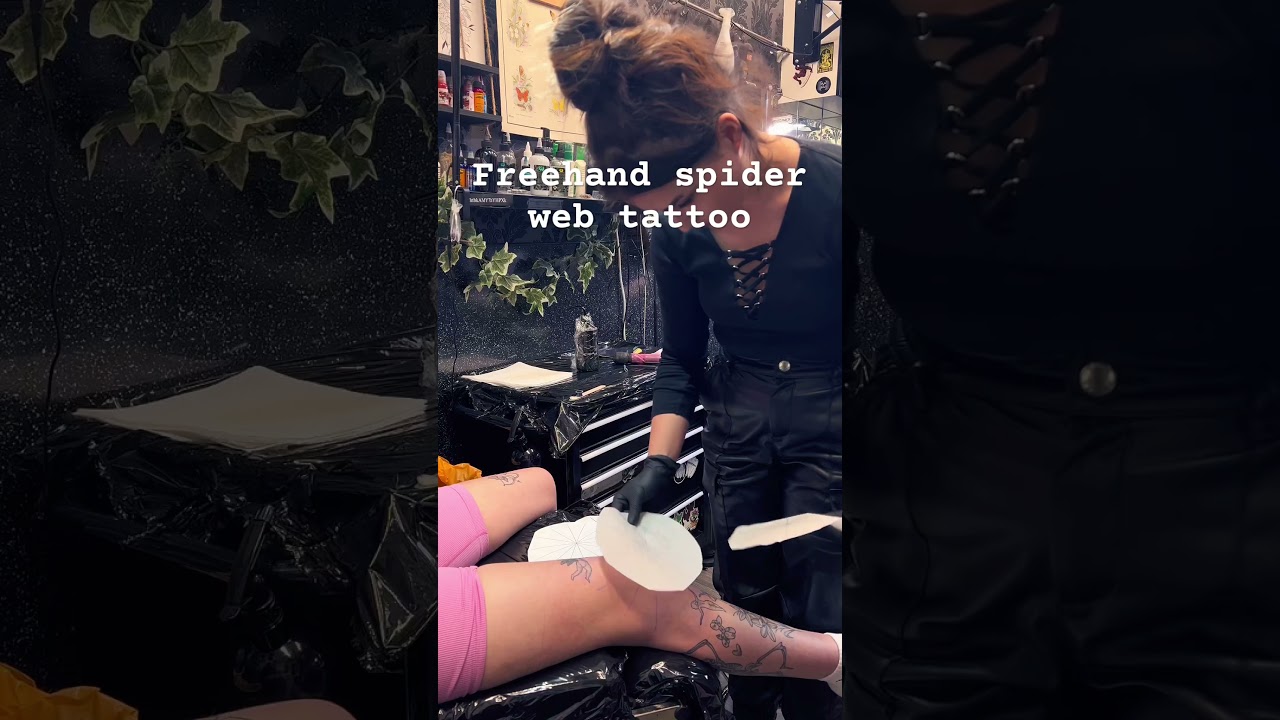 Spider web knee tattoo freehand for Holly on her patch work leg sleeve 💕