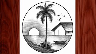 Beautiful Village Sunset Scenery Drawing in Circle | Easy Pencil Shading Art Tutorial for Beginners