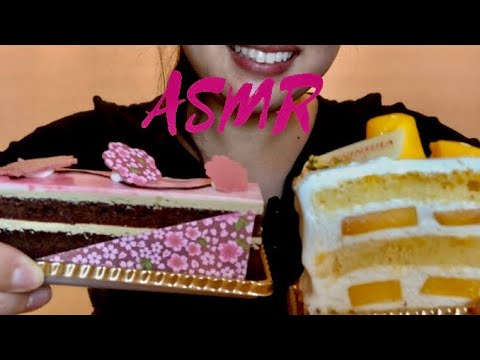 [ASMR 咀嚼音] さくらほうじ茶ケーキとマンゴーショートケーキを食べる Sakura Hojicha Cake and Mango Cake