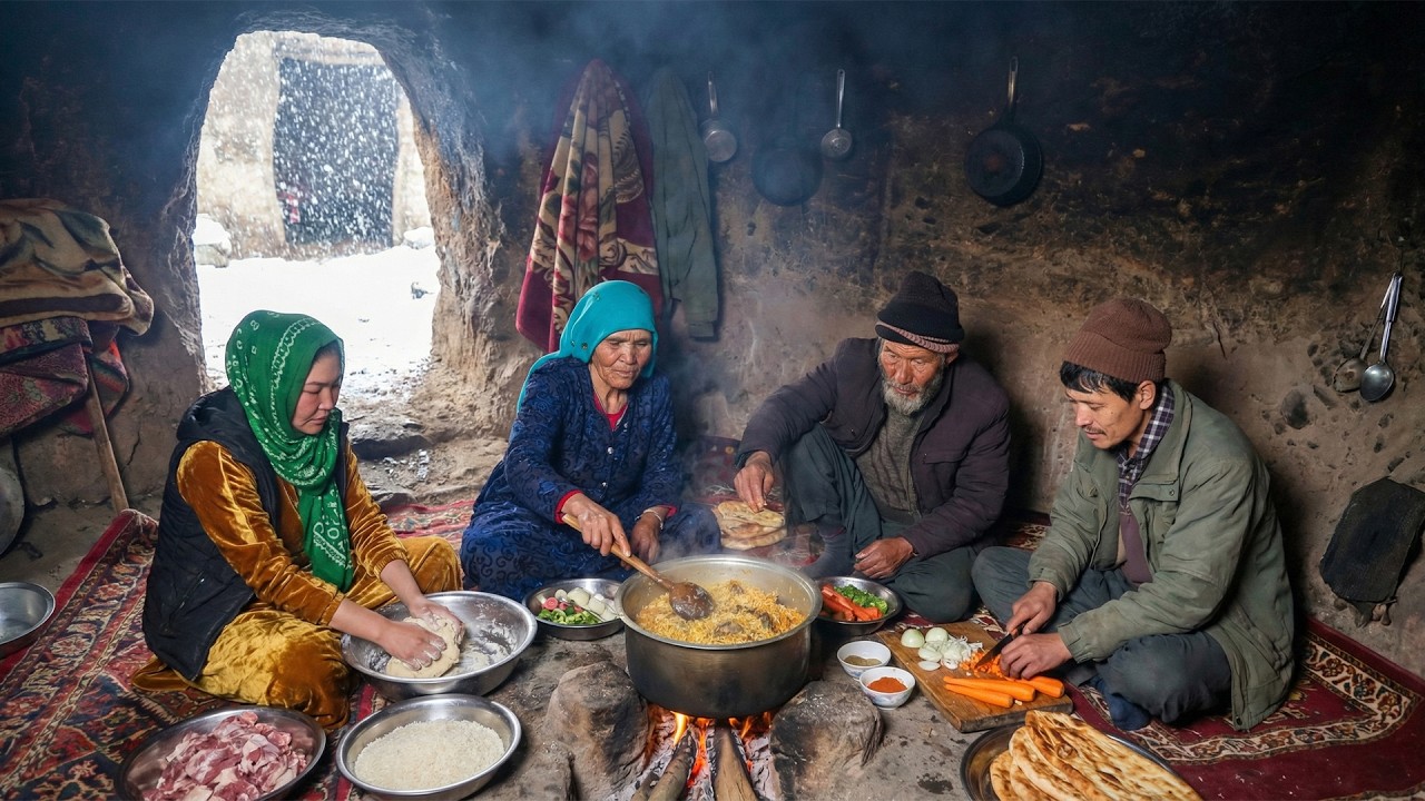 Stone Shelter Survival in Afghanistan | How a Family Prepares Traditional Food in Extreme Cold
