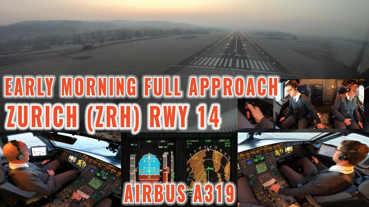 ЦЮРИХ 🇨🇭 (ZRH) | Ранний утренний заход на посадку на ВПП 14 | Пилоты Airbus + обзор кабины | с ин...