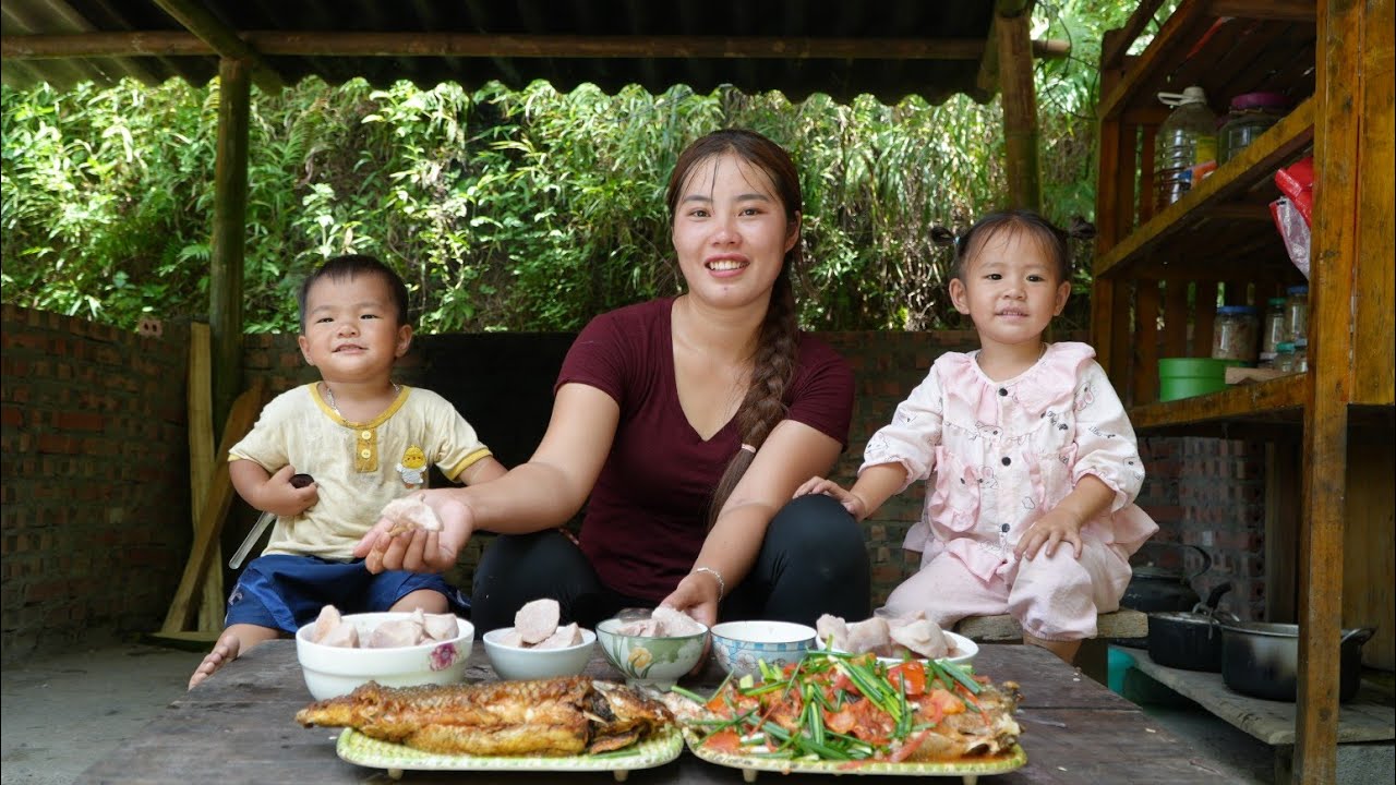 Harvesting taro to sell - cooking fish, waiting for little daughter to come home from school to eat