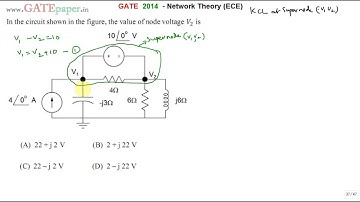 GATE 2014 ECE Find the value of node voltage V2 in the figure shown