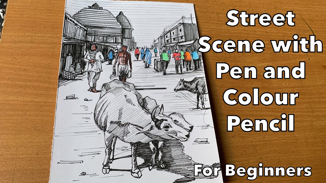 Street scene composition with pen and colour pencil | Step by Step ...