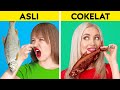 TANTANGAN MAKANAN ASLI VS COKELAT || Makanan Manis 24 Jam! Yang Terakhir Kalah oleh 123 GO Like!